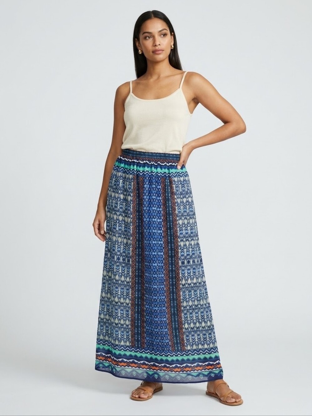Metro Wear Lined Geometric Print Boho Maxi Skirt Elastic Waist Size L